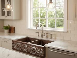 Évier de cuisine rustique moderne en cuivre massif, à tablier, à cuve unique profonde, finition patine antique cuivre foncé - Product Image 2