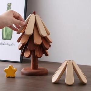 Latest Tree Shaped Custom Solid Wood Tea Drink Coaster <b>Stand</b> Laser Engraving Round <b>Trivets</b> Set With Holder for Hot Dishes - Product Image 3