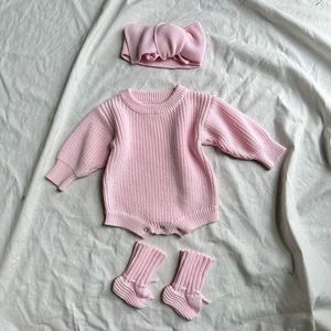 Kualitas tinggi disesuaikan Label Bodysuit musim dingin Onesie Solid Chunky Sweater pakaian bayi Romper Set - Product Image 4