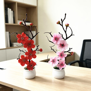Bonsaï artificiel Paulon en fleurs de prunier, 27 cm de haut, mini pot de fleurs, rouge, rose, blanc, rose rouge, décoration d'intérieur, accessoires de mariage - Product Image 3