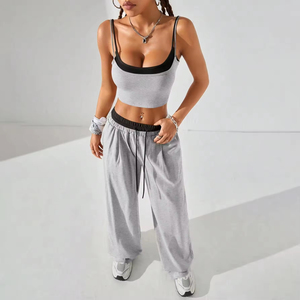 All'ingrosso cotone per il tempo libero Casual quotidiano Colorblock 2 in1 canottiera ampia pantaloni da salotto 2 pezzi da donna Set da salotto - Product Image 2