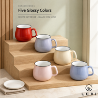 Ensemble de tasses en céramique Pot Belly 420 ml, cinq couleurs brillantes : rose blush, bleu pétrole, rouge, lavande, crème, avec bordure noire et intérieur blanc brillant