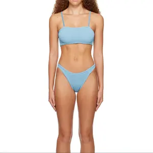 Sky blue two pieces swimwear & beachwear square neck bralette classic cheeky bottom unlined textured women's sexy bikini