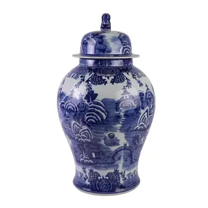 RYLU205-A手绘蓝白中国阳伞树和景观图案陶瓷寺庙罐