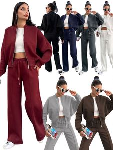 Conjunto de Traje de Dos Piezas para Mujer, Informal, de Otoño, en Color Sólido, Tejido de Poliéster/Spandex, con Chaqueta con Cremallera y Pantalones Rectos - Product Image 2