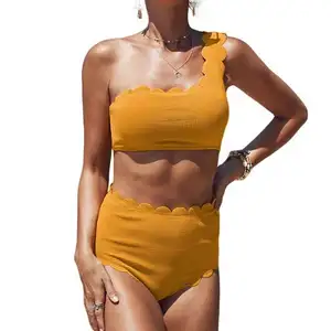 OEM Eco-Friendly High Waist Scalloped Trim Bathing Suit One Shoulder Bikini Junior Girls Swimwear Bikini