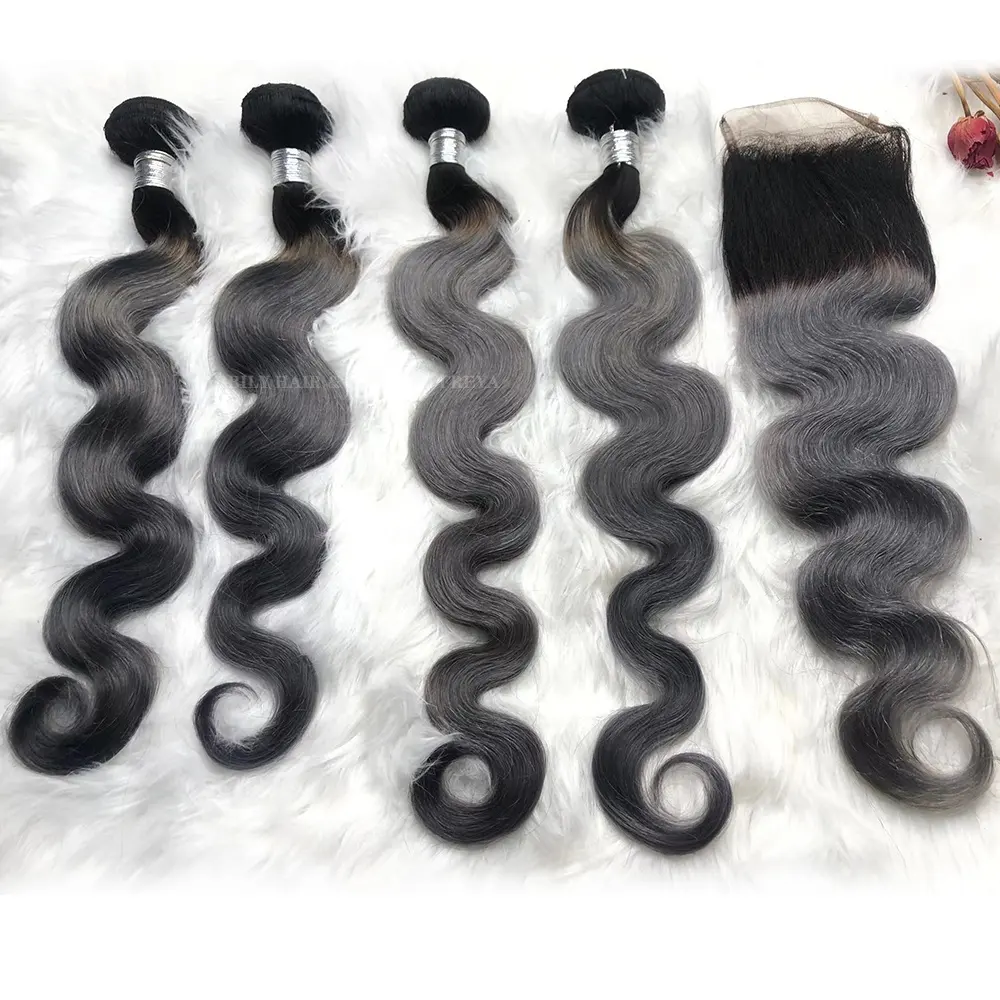 Mèches brésiliennes naturelles, couleur Ombre 1B/gris, avec Lace Closure, Body Wave, cuticule alignée, cheveux vierges bruts, Extension
