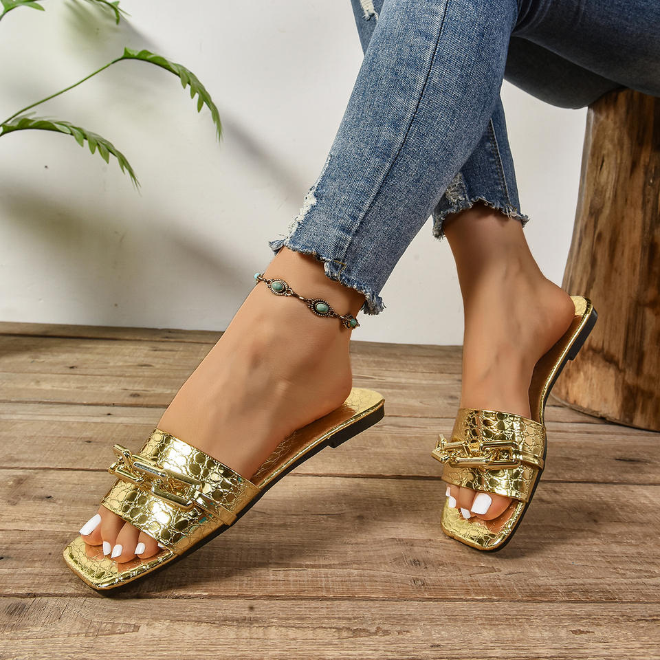 Chain Decor Women Square Toe Flat Slides, Plus Size Summer Casual One ...