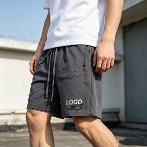 Shorts déchirés gris pour hommes avec cordon de serrage, de haute qualité, personnalisables avec logo sur le devant, en coton décontracté, taille mi-haute, respirants - Product Image 3