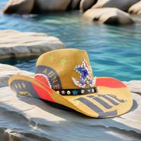 Chapeau de cowboy en paille marron personnalisé en gros, avec drapeau américain, ailes et étoiles, pour la fête du 4 juillet, fête de l'Indépendance, pour adultes