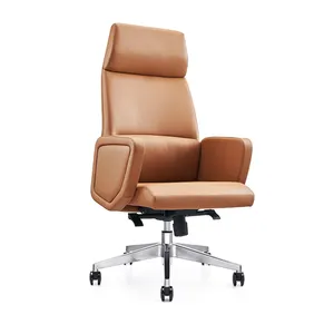 Genuine Leather Executive Boss Office Chairs Tan With Wood Armrest Work Chair Office Home