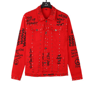 Custom Your Logo <strong>Red</strong> Rivet Letter Printing Oversized <strong>Denim</strong> <strong>Jacket</strong> Men - Product Image 1