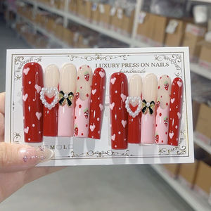 <span class=keywords><strong>Uñas</strong></span> Postizas Hechas a Mano OEM, Diseño 3D, Francesas, <span class=keywords><strong>con</strong></span> Flores, Corazones y Perlas, Cobertura Completa, Forma de Ataúd Largo, 10 Piezas - Product Image 2