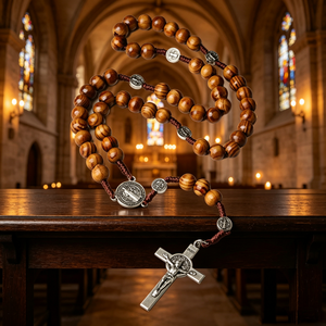 Rosario Católico con Cruz Plateada, Cuentas de Madera Religiosas y Mini Cuentas de ABS/Aleación de Zinc que Brillan en la Oscuridad, Centro de Mesa al por Mayor - Product Image 1