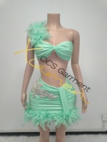 Ocstrade Pronto per la Spedizione - Contattaci Prima dell'Ordine Set di Alta Qualità con Top e Gonna in Piume di Struzzo e Strass per Cocktail Party e Serate in Discoteca