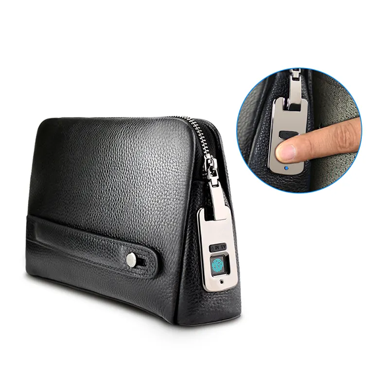 Fingerprint Lock Top Layer Cowhide Casual Man Wrist Clutch Anti Theft Smart Phone Bag Genuine Leather Men Handbag