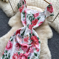 Robe longue décontractée pour femme, élégante, à imprimé floral, en dentelle, épaules dénudées, sans manches, coupe trapèze, pour le quotidien et les soirées