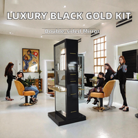 Kit de mobilier de salon de coiffure moderne de luxe noir et or en bois avec miroir en verre, chaise de coiffage, chariot et unité de lavage pour centre commercial