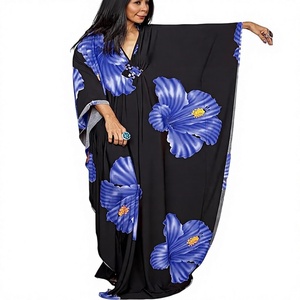 Robe maxi kaftan à imprimé floral à col en V et manches longues, coupe ample, respirante, tenue décontractée d'été, noire avec des fleurs bleues - Product Image 1