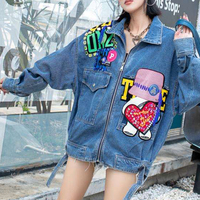 OEM personnalisé dessin animé taille-serré veste en jean femmes style ample haute rue veste femme à manches longues bleu jean manteau