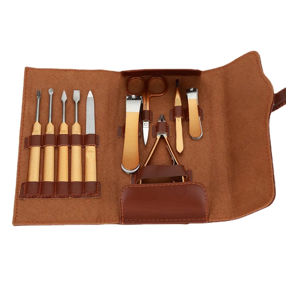 Set professionale bellezza dorata 10 pezzi per Manicure e Pedicure in acciaio inossidabile Kit di strumenti per la cura delle unghie personali con borsa in pelle