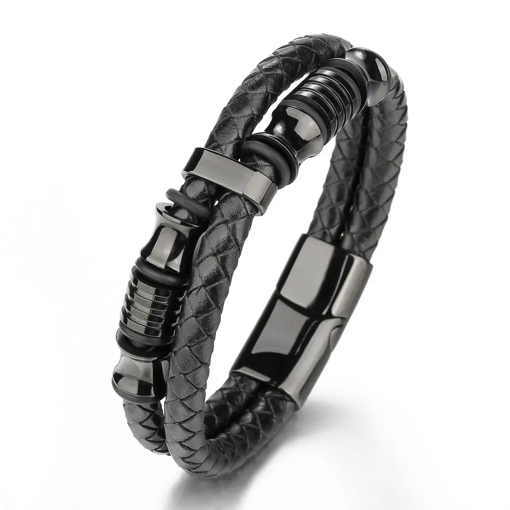 Bracelet en cuir véritable pour homme en acier inoxydable noir magnétique avec fermoir multicolore Bracelet pour homme