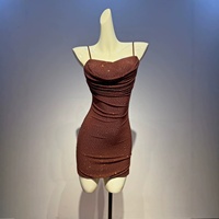 Kaffeebraunes Strass-Rückenfreies Slip-Kleid, Luxuriöses Minimalistisches Sexy Spaghetti-Träger Abendkleid für Geburtstag Bankett Party