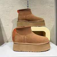 Sepatu Bot Mini Wanita Berbahan Suede dengan Bagian Atas Elastis, Berlapis Bulu, Sol Tebal, Hangat, Anti Selip untuk Musim Dingin dan Salju