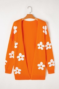 High Quality Customized <strong>Orange</strong> Floral Print Knitted Open Front Loose <strong>Cardigan</strong> for <strong>Women</strong> Casual Long Style for Winter - Product Image 5