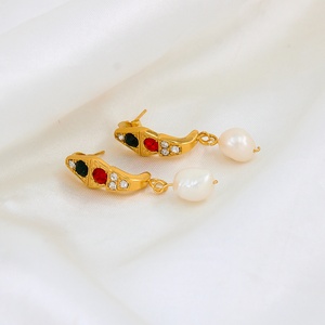 Boucles d'oreilles imperméables en acier inoxydable plaqué or, perles pendantes, cristaux rouges, verts et transparents, luxe pour femmes, mariage, fête - Product Image 5