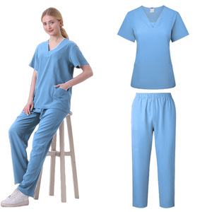 Women's Scrub Suit Light Blue V Neck Short Sleeve Top And Pants Set For Hospital Pharmacy Veterinary Dental Workwear - Product Image 1