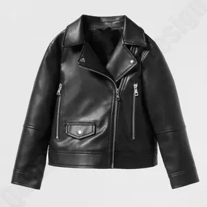 Custom Logo Causal Belted Faux Leather Motorcycle Jacket Zipper PU Coat Jacket High Quality Pu Leather Jacket For Girl