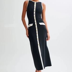 Vente en gros de robes en tricot de laine pour femmes, personnalisables, de haute qualité, noires, élégantes, sans manches, col rond, boutonnées avec des poches - Product Image 2