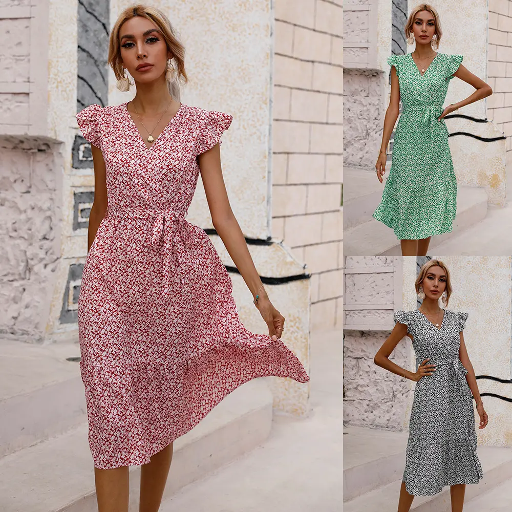 Women's Tunic Dress Sexy Lady Ruffle Short Sleeve V Neck Floral Skater Dresses Elegant Vestidos Summer Beach Sweet Dresses