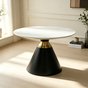 Table d'appoint ronde de luxe, plateau en pierre frittée blanche, base conique noire, table de salon, table d'appoint d'hôtel - Product Image 3
