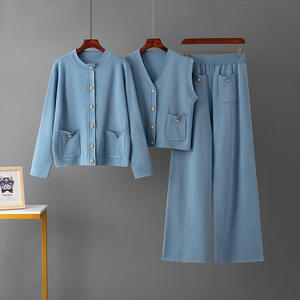 Ensemble trois pièces pour femmes en vente chaude, pantalon large en tricot coréen, veste à boutons, cardigan en tricot - Product Image 2