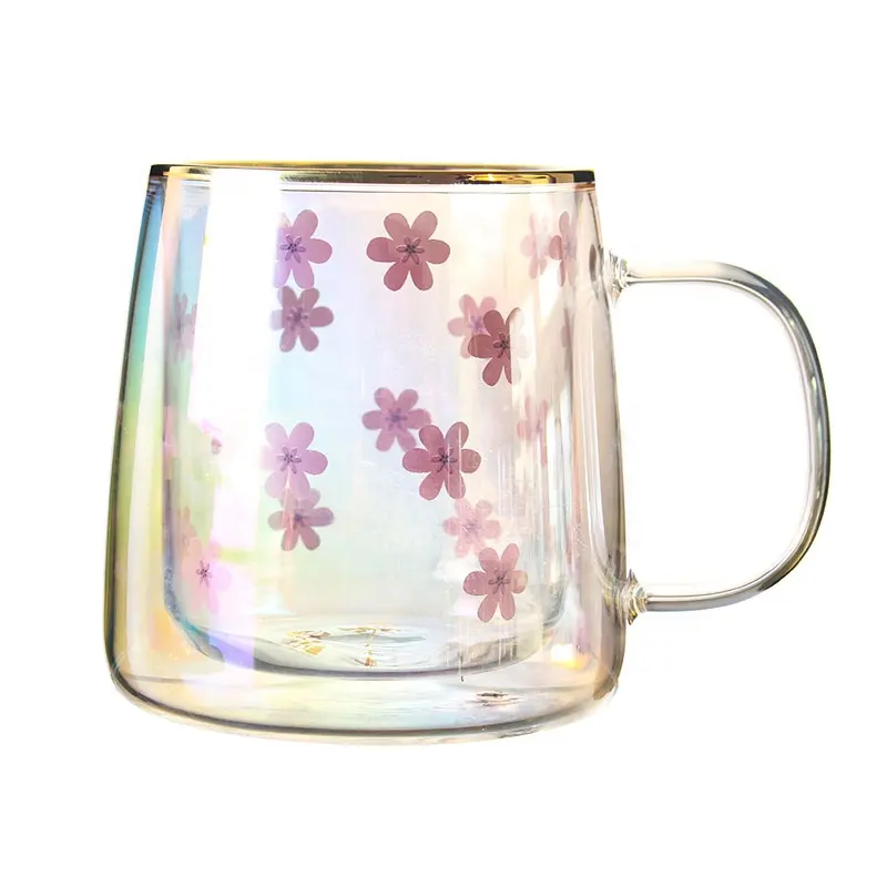 Factory Customized Beautiful Sakura Flower Decoration Insulted Creative Coffee Double Wall Glass Cups With Handle