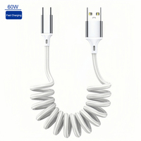 Cable USB Retráctil con Resorte de Tipo A a Tipo C, Cable de Datos para Auto con CarPlay, Cable de Carga Rápida para iPhone 17, Xiaomi, Huawei y Teléfonos Inteligentes