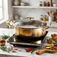 Marmite à soupe en acier inoxydable 304 au design moderne, finition martelée dorée, avec couvercle en verre trempé, compatible lave-vaisselle et cuisinière à induction