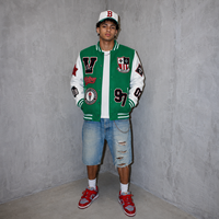 Chaqueta Varsity Personalizada para Hombre, Diseño OEM/ODM, Cuerpo de Lana Verde, Mangas de Cuero Sintético, Parche de Chenilla, Ropa Urbana, Fabricante de Ropa Personalizada