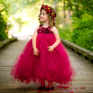 Vestido vintage de tule para festa, vestido infantil borgonha com tutu, roupas feitas à mão