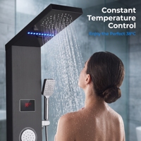Panneau de douche mural moderne avec affichage LED, jets thermostatiques pluie et cascade, douchette à main et jets de massage pour salle de bain