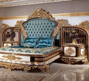 Juego de Dormitorio de Lujo Turco Tamaño King Size con Cama Doble Capitoné, Muebles de Dormitorio con Cabecero de Madera Maciza Tallada Estilo Real y Estructura de Cama en Tela de Terciopelo - Product Image 2