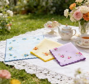 Pañuelo de bolsillo vintage para mujer, 30*30cm, de algodón, con borde festoneado y estampado floral, en colores surtidos, pequeño, para regalo - Product Image 6