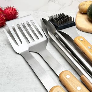 Juego de 4 utensilios para barbacoa de acero inoxidable con mango de madera, accesorios para parrilla, accesorios para exteriores, juego de herramientas para barbacoa - Product Image 2