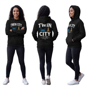 Sweat-shirt à capuche noir pour femme Twin City, en coton, avec logo imprimé, décontracté, pour l'automne, à manches longues, en tricot - Product Image 1
