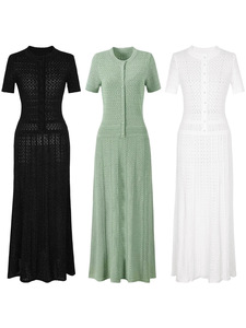 <span class=keywords><strong>Robe</strong></span> longue élégante en tricot crochet pour <span class=keywords><strong>femme</strong></span>, avec boutons sur le devant, manches courtes, ajourée, décontractée, moulante, pour l'été - Product Image 3