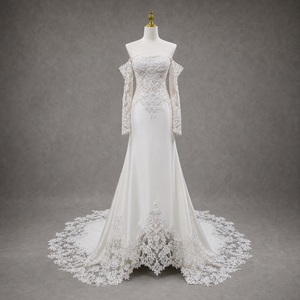 Vestido de Novia Sirena de Manga Larga sin Tirantes, con Espalda Descubierta, Hecho a Mano con Encaje y Tul, con Flores, Tallas Grandes, Sujetador Incorporado - Product Image 2