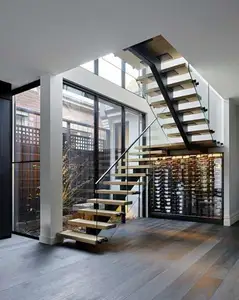シングルスティンガーモダンLed木製階段モノストリンガー階段