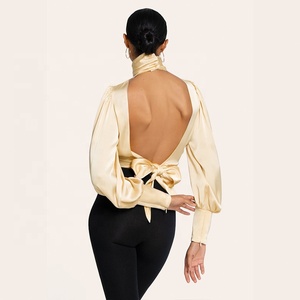 <span class=keywords><strong>Blusa</strong></span> de Satén para Mujer, <span class=keywords><strong>Espalda</strong></span> Descubierta con Lazada Ajustable, Estilo Nocturno, Color Champán, Manga Larga con Volantes, Satén de Poliéster - Product Image 5